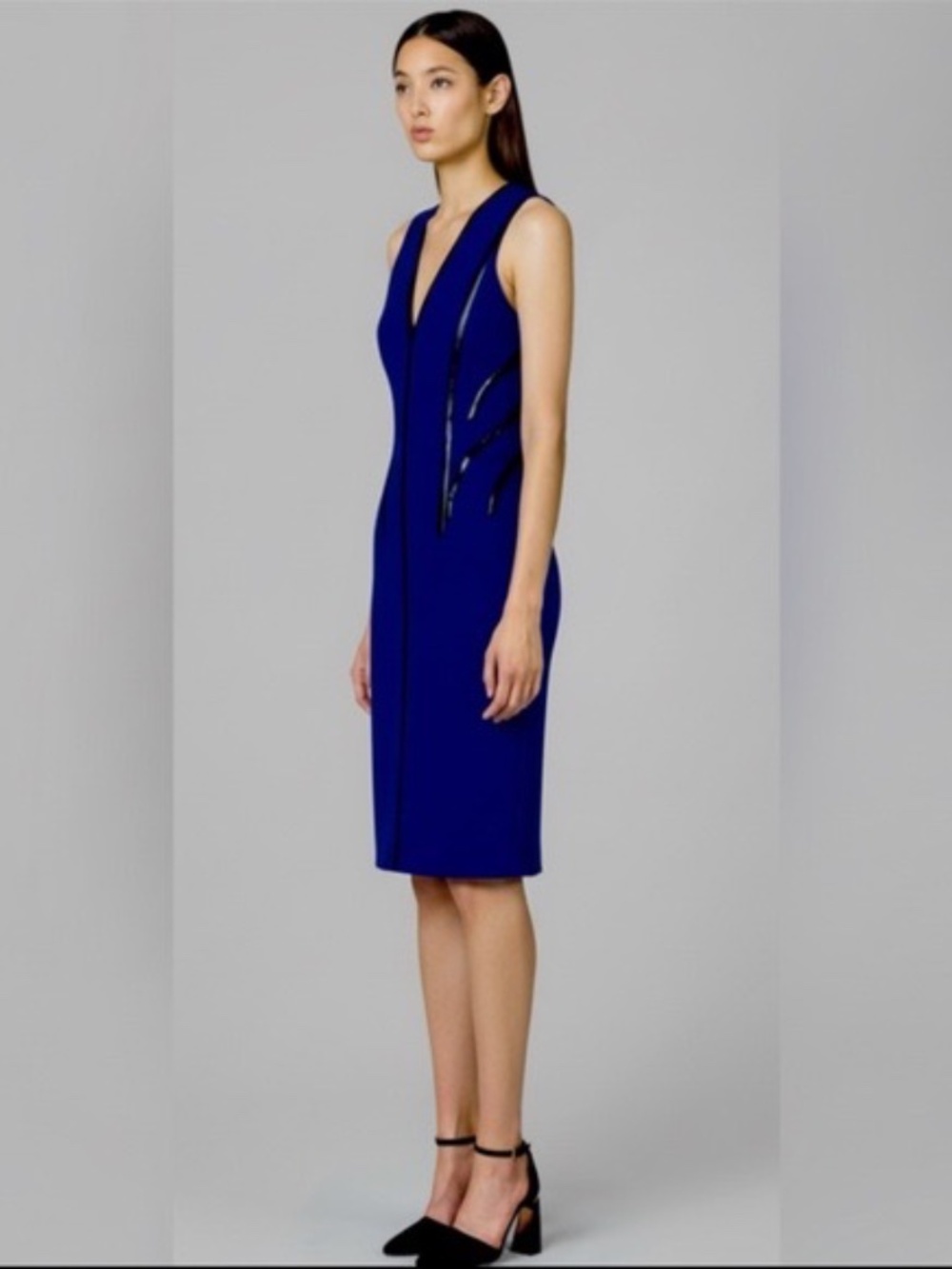 Kimora Lee Simmons Blue Midi Dress Black Leather‎ Trim
